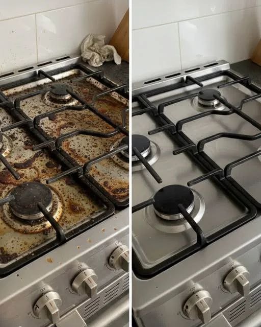 Antes y después de la limpieza a fondo de una cocina de gas